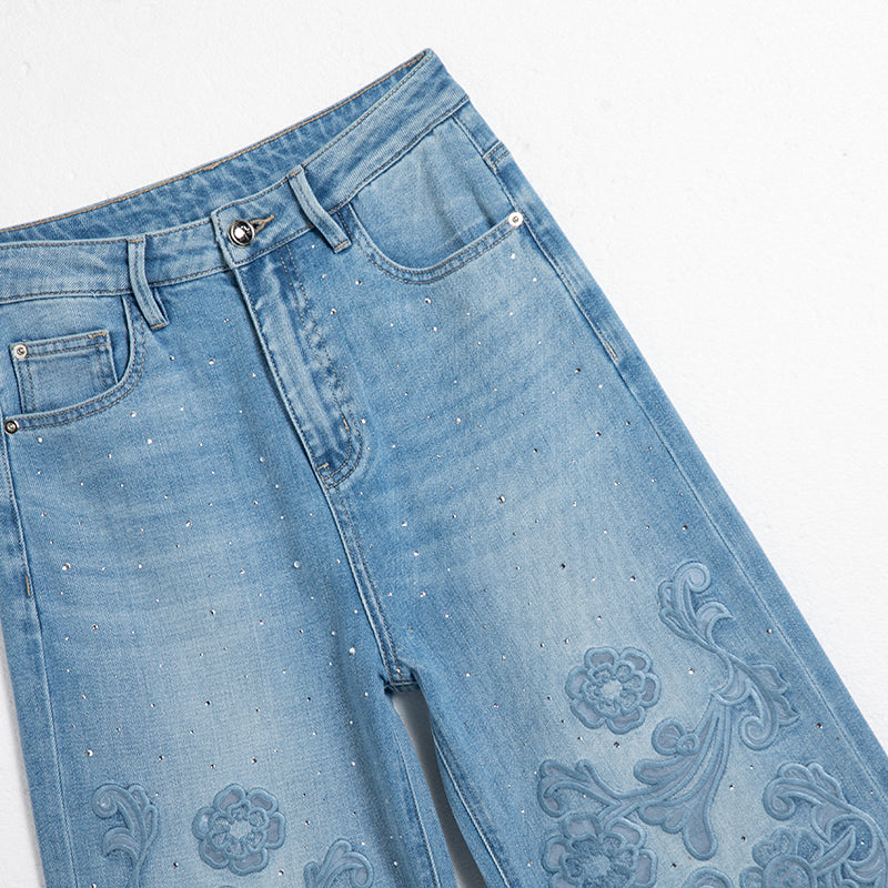 [AHNGO] Spring and Summer New Blue Pattern Embroidered Hot Diamond Look Slimming Loose Straight Women's Jeans 8948