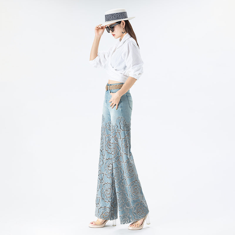 [AHNGO] New Chinese 2025 Spring Black Wide Leg Pants for Women, with hollowed out embroidery on the side, studded high waists and slimming effect 8906