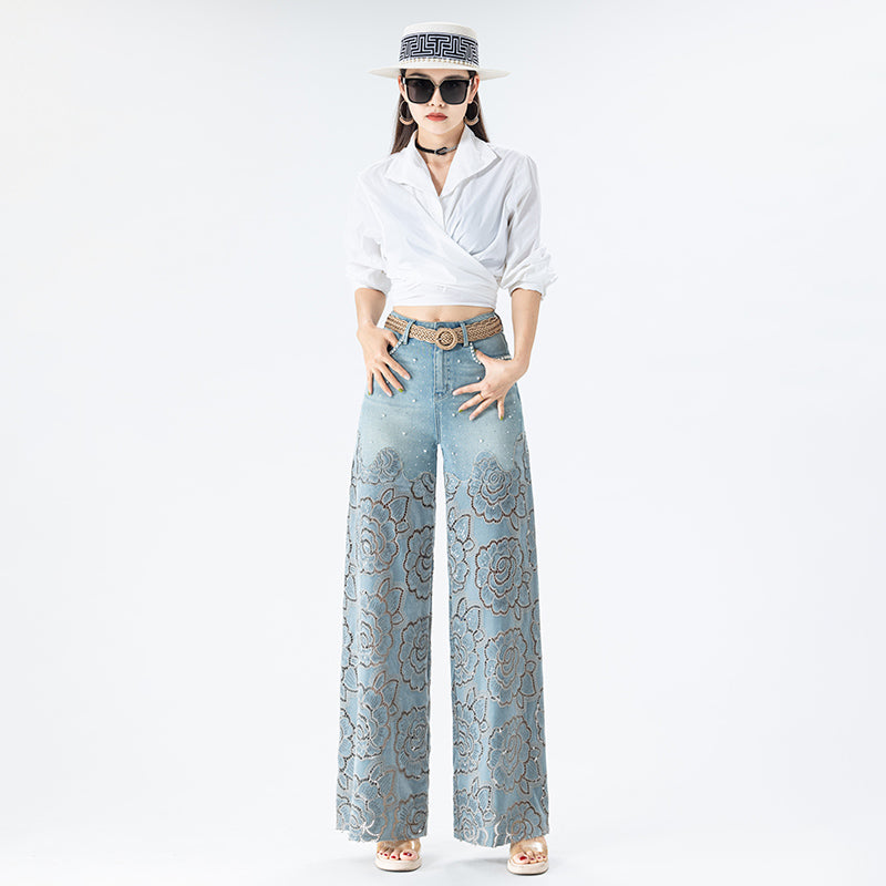 [AHNGO] New Chinese 2025 Spring Black Wide Leg Pants for Women, with hollowed out embroidery on the side, studded high waists and slimming effect 8906