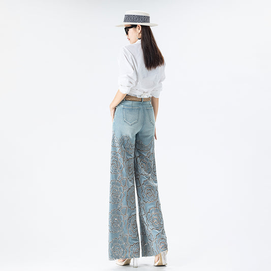[AHNGO] New Chinese 2025 Spring Black Wide Leg Pants for Women, with hollowed out embroidery on the side, studded high waists and slimming effect 8906