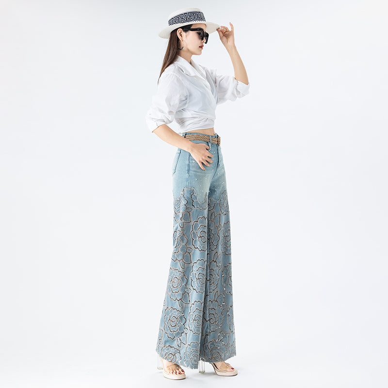 [AHNGO] New Chinese 2025 Spring Black Wide Leg Pants for Women, with hollowed out embroidery on the side, studded high waists and slimming effect 8906